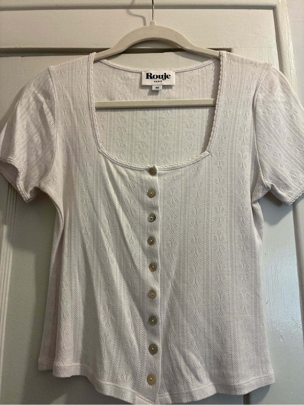 Rouje Short-Sleeve Button Front Pointelle Knit Top